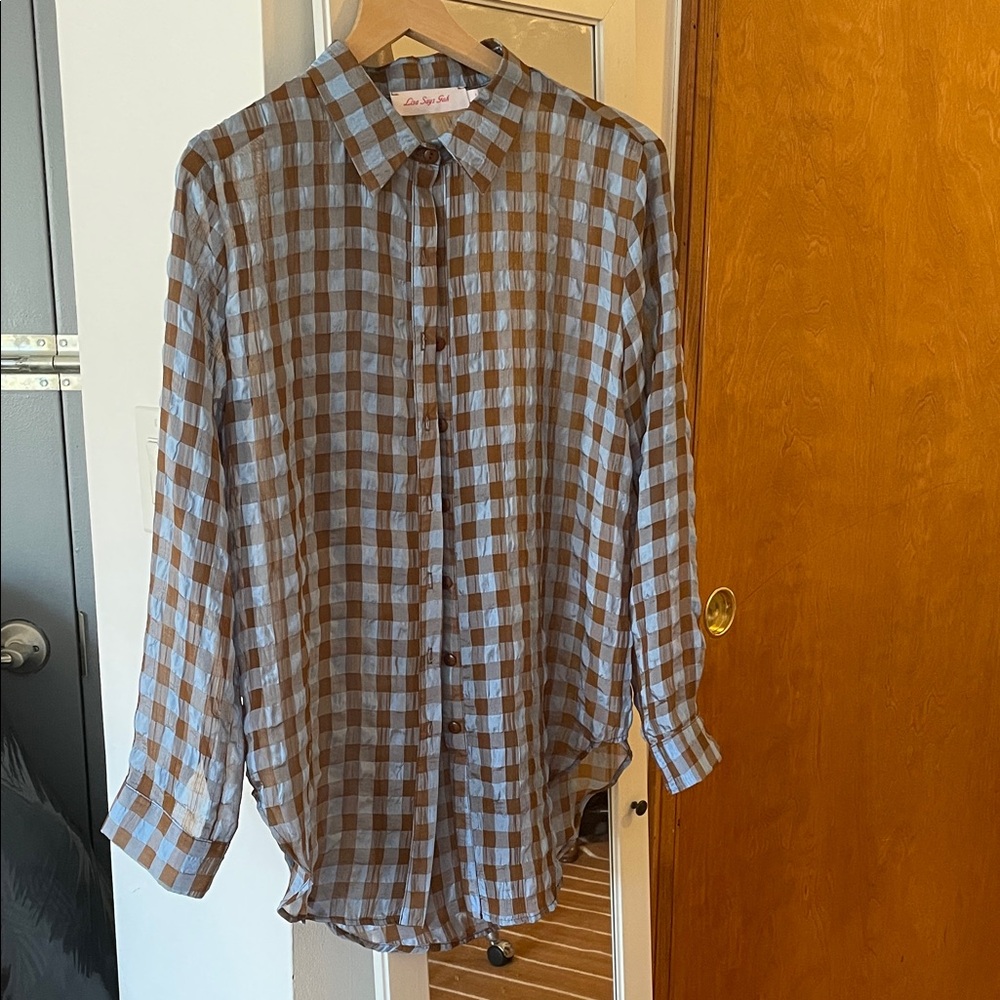 Lisa Says Gah Brown and Blue Checkered Blouse